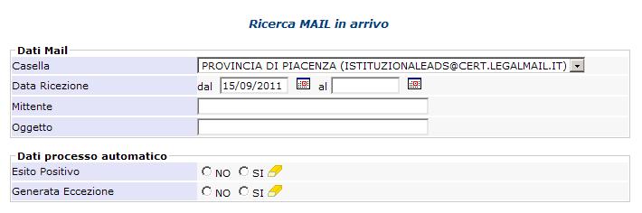 Fornisce i criteri per impostare una ricerca mirata, in base alle esigenze, dei messaggi in arrivo scaricati dalla sezione posta in arrivo 11 del dominio di posta selezionato.