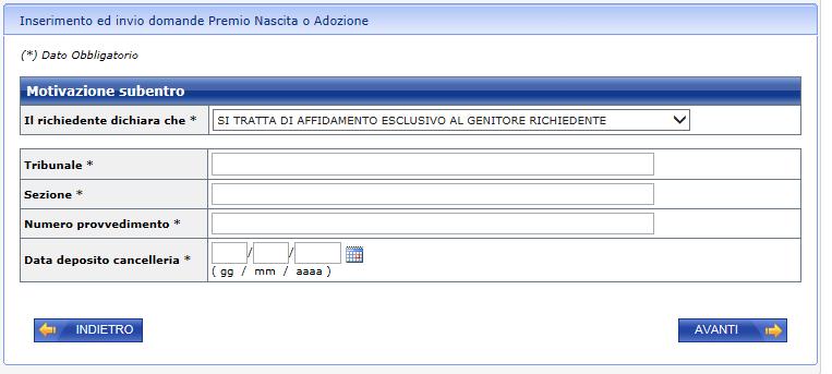 digitazione degli estremi del provvedimento di affidamento esclusivo per consentire all Istituto di verificare le informazioni in fase di lavorazione della pratica in sede.