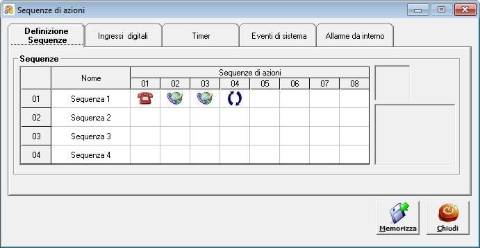 SEQUENZE DI AZIONI Questa finestra è composta da 5 cartelle: - Definizione sequenze: consente di definire un azione o una sequenza di azioni concatenate che la centrale esegue al verificarsi di uno