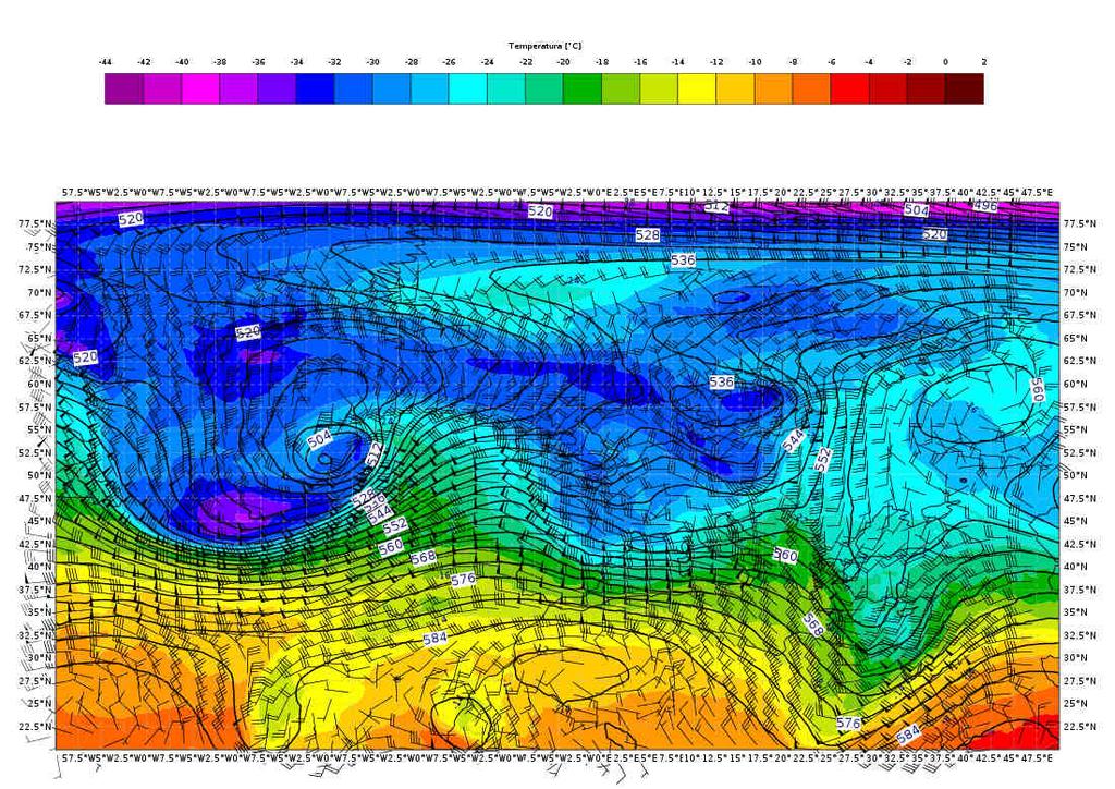 Mappe di analisi (da modello IFS-ECMWF) di geopotenziale, temperatura e vento a 500 hpa del 17/12/2018 alle ore 00 UTC.