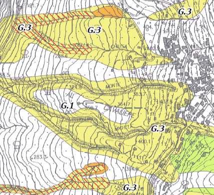 Fig. 4 - Pericolosità geomorfologica RU (2009) Dal punto di vista idrogeologico, le aree oggetto di intervento sono interessate dal Vincolo Idrogeologico ai