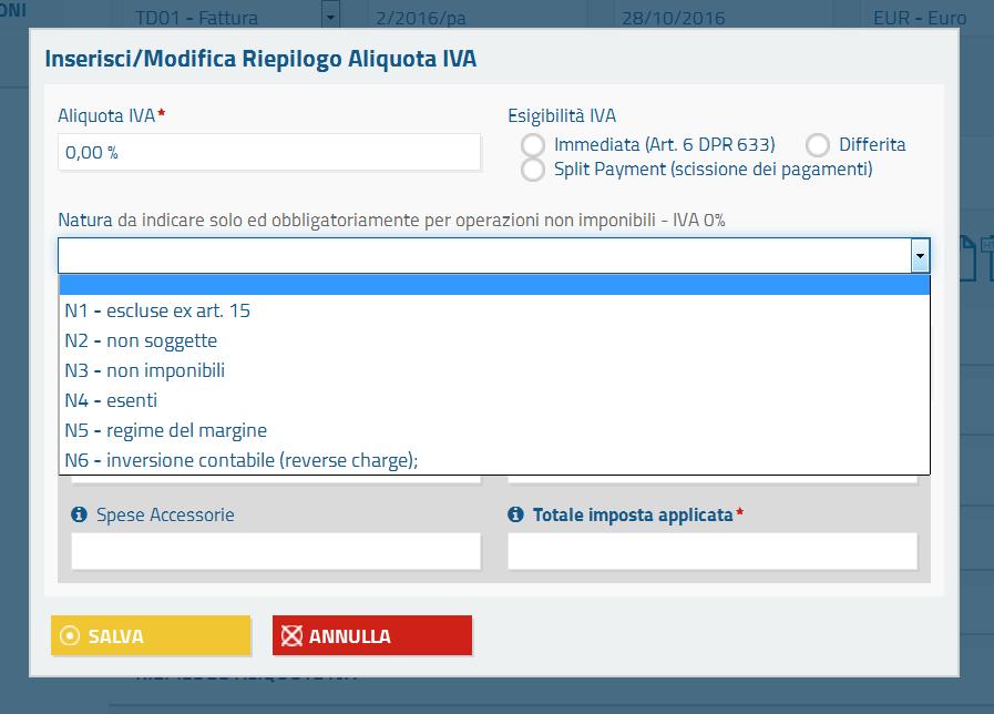 AREA FATTURE NUOVA FATTURA RIEPILOGO ALIQUOTE IVA Operazioni esenti/non soggette IVA Nel caso di operazioni non soggette ad