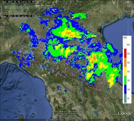 Mappe di riflettività del 28/02/2011 alle ore 07:00 (a sinistra) e alle