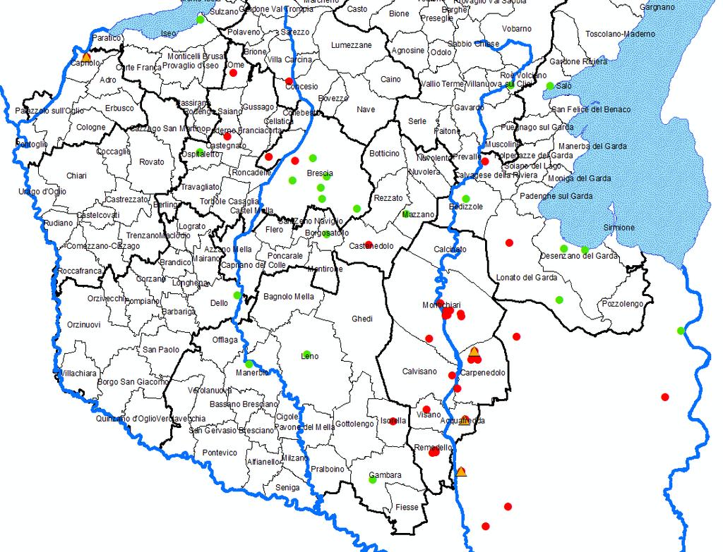 Mappa di distribuzione dei casi di legionella (in verde i casi con antigene urinario positivo (sierogruppo 1), in rosso quelli con Ag negativo ma PCR positiva (sierogruppo 2-14), il