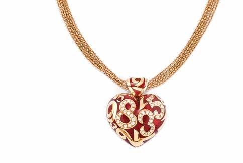 Gr 60,10 - cm 42,00 - Pendente / pendant cm 3,50 x 3,00 ENAMEL AND DIAMOND DEMI-PARURE, FRANK MULLER in pink gold including a multi-chain necklace suspending a red enamel heart pendant with numbers