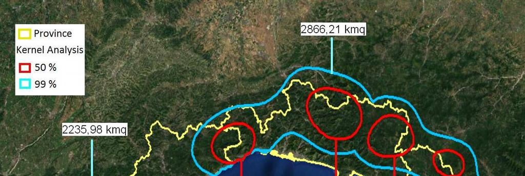 Le analisi effettuate col metodo Kernel sui segni di presenza di lupo hanno individuato un areale complessivo di 5102,19 km 2 con una zona di maggior