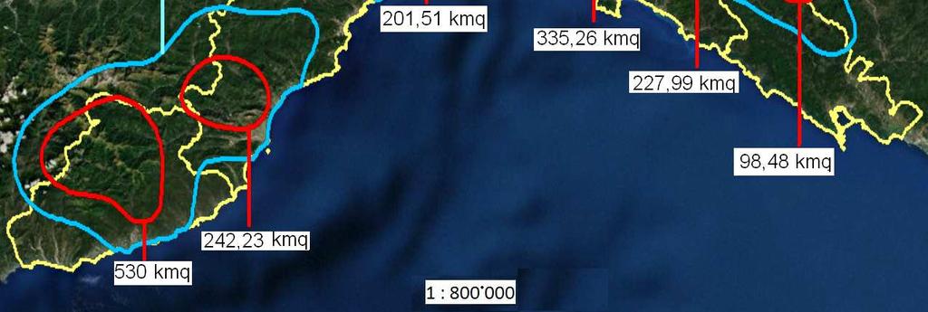 L areale è risultato suddiviso in due sub-areali di cui il più grande comprendente gran parte della provincia di Genova, parte di quella di La Spezia e di