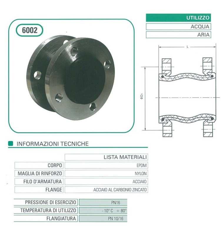 GIUNTI ANTIVIBRANTI FLANGIATI (flangia zincata, corpo EPDM) DN CODICE L 25 GAFZEPDD025 95 32 GAFZEPDD032 95 36,00 40 GAFZEPDD040 105 37,00 50 GAFZEPDD050 115 46,00 65