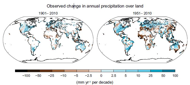 CAMBIAMENTI CLIMATICI OSSERVATI PRECIPITAZIONI ANNUALI ci sono probabilmente più terre emerse con un aumento del numero di eventi di precipitazione intensa che con