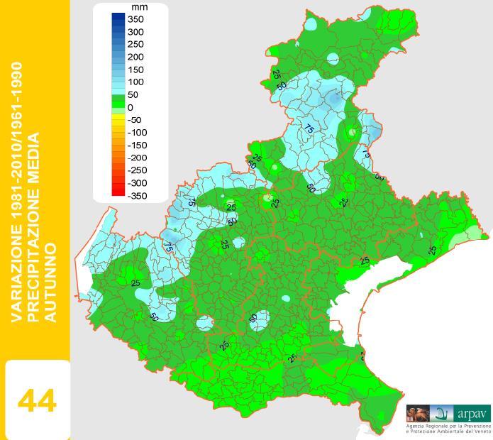 CAMBIAMENTI CLIMATICI OSSERVATI IN VENETO PRECIPITAZIONE - CUMULATA AUTUNNALE aumento