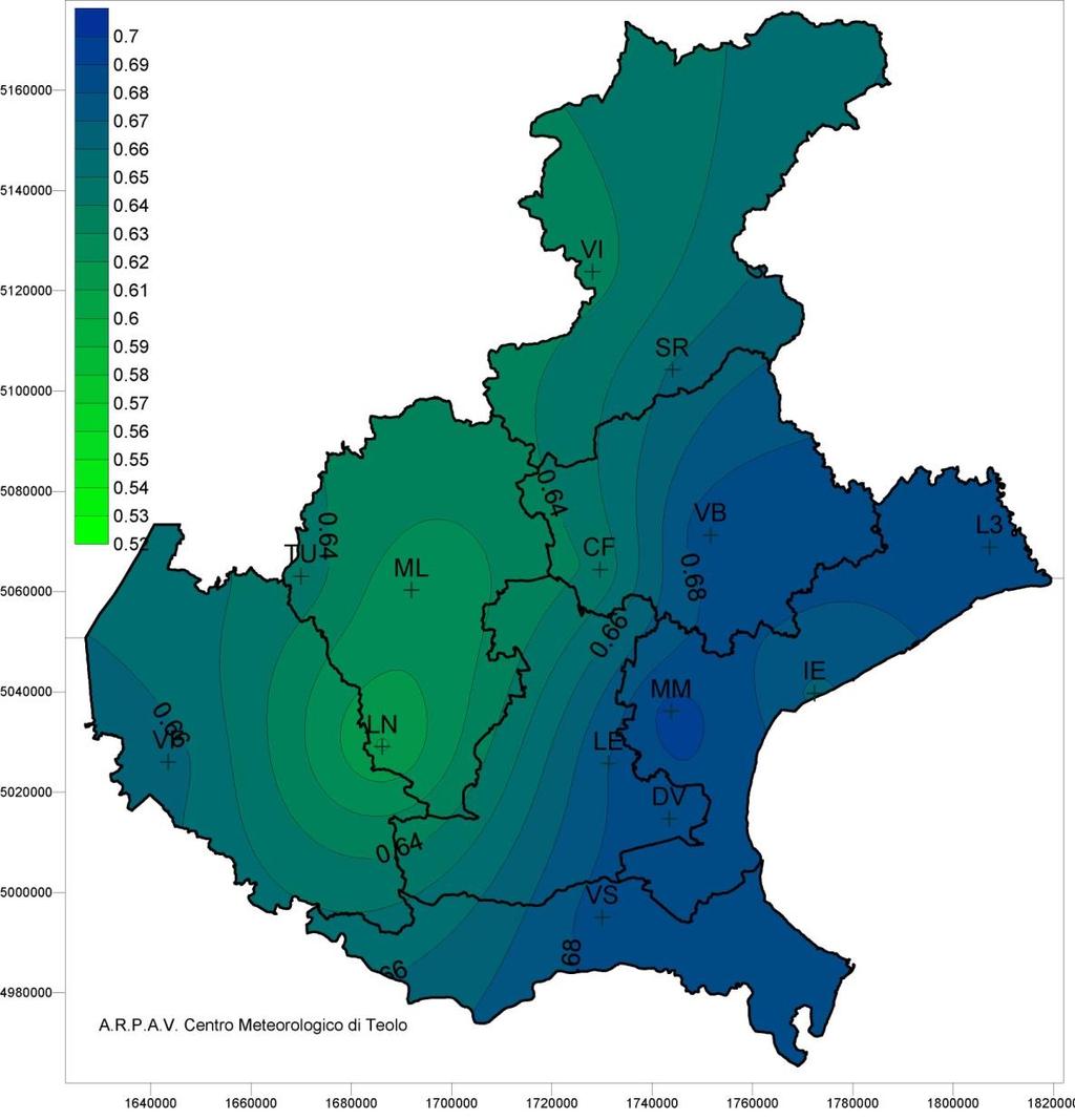 CAMBIAMENTI CLIMATICI OSSERVATI IN VENETO CONCENTRAZIONE DELLE PRECIPITAZIONI - C INDEX 1971-1990 1991-2010 CI 1 Precipitazioni annue molto concentrate in pochi giorni