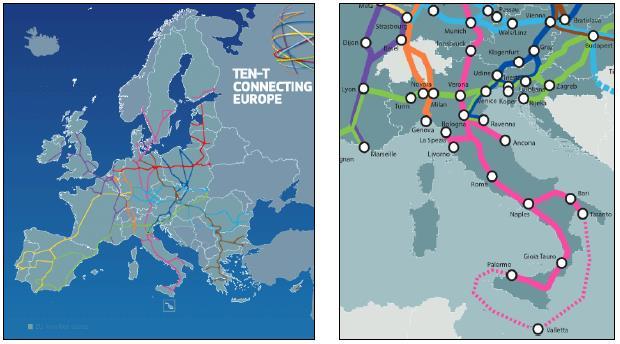 Mappa della rete trans-europea di trasporto TEN-T e zoom sull Italia Un piano «realistico» 1) Approccio iniziale con flotte o captive fleet, che permette i seguenti benefici: Mezzi di trasporto e