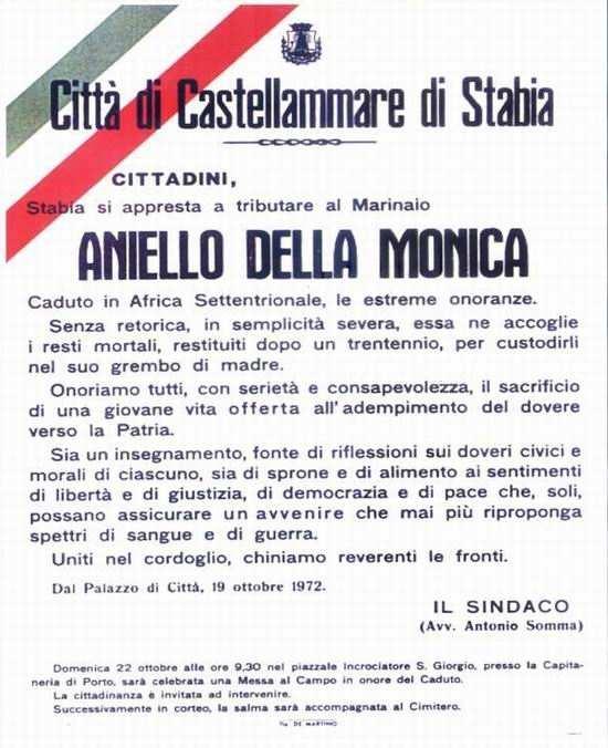 Il 22 ottobre del 1972 Aniello Della Monica ritornò nella sua città natale.