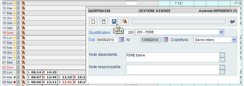 Inserimento assenze Per effettuare una richiesta di inserimento di una assenza cliccare sul simbolo in corrispondenza della data interessata.