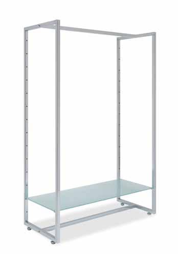 with 1 white glass-shelf (99 x 40 cm) - pedestals with slots Dimensions: 99 x 45 x H 152 cm 08626C Gondola centrale con 3 piani in cristallo acidato (99 x 40 cm)