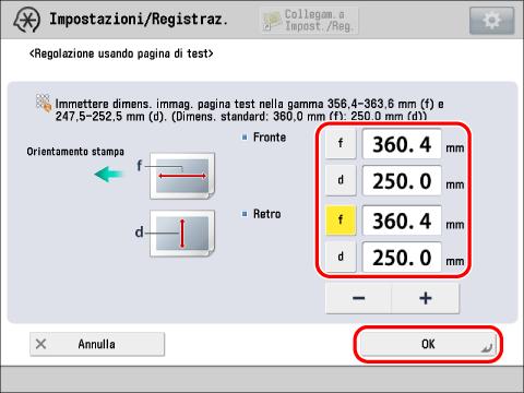 Immettere la lunghezza della pagina di test per fogli lunghi sui lati anteriore e posteriore premere [OK]. Ad esempio, se il valore di input di [f] è 360,4 mm, immettere 360,4.