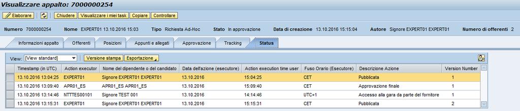 Creare la richiesta ad hoc Tracking e Status Nella cartella Status, il richiedente e-sourcing può visualizzare i log del