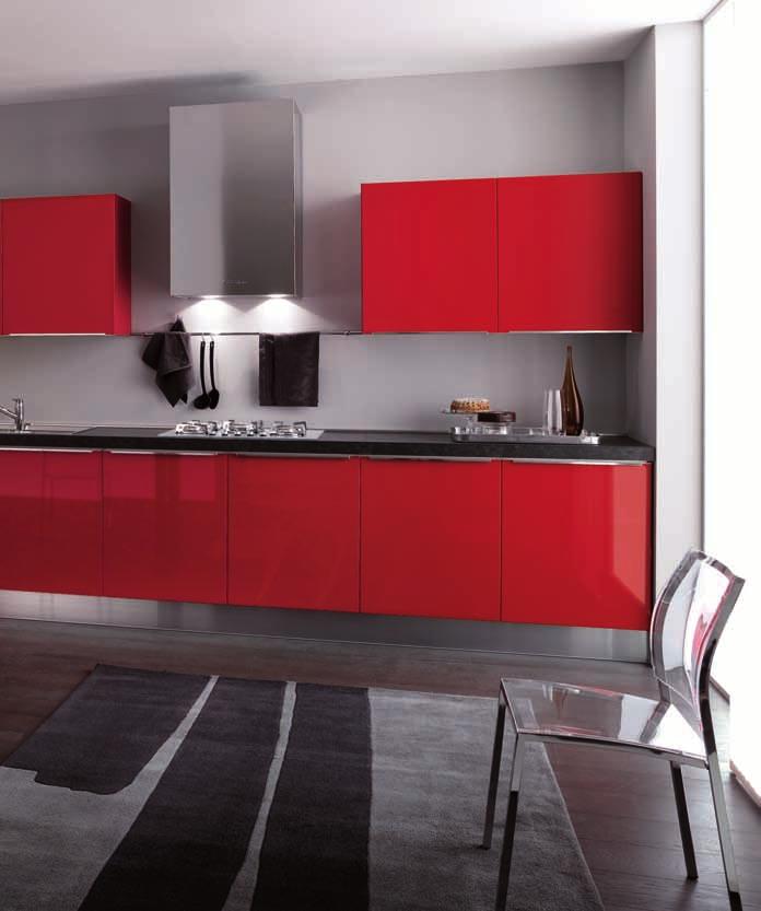 05 CORPO CUCINA E PENSILI ROSSO MIRROR CON TOP VULCANIC, COLONNE LUMINA GRIGIO ] * [