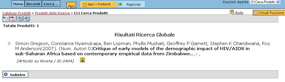 Risultati della ricerca - I risultati delle ricerche sono mostrati in un formato che può essere deciso in fase di configurazione -Viene per comodità visualizzato sempre l ID del Prodotto e la