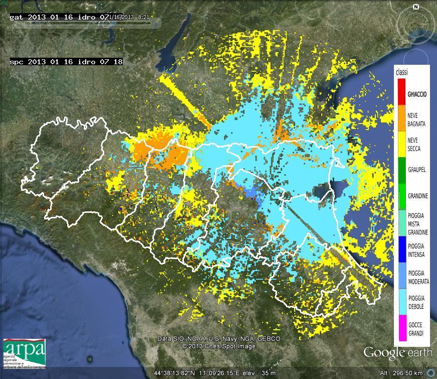 Fig. 14 In alto: Mappa di classificazione delle idrometeore da radar il giorno 16/01/2013 alle 07:18. In giallo le aree interessate da neve, in arancione neve bagnata, in azzurro pioggia.
