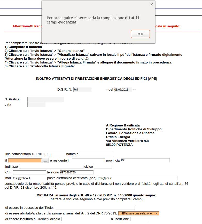 INVIO ISTANZA Terminata la compilazione dell istanza telematica si può procedere all inoltro della stessa cliccando sulla voce di menu Invio Istanza > Genera Istanza All atto dell invio dell istanza