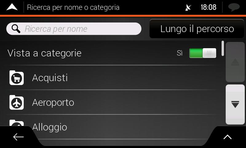 Esempio di navigazione verso un POI Ad esempio, per cercare un parcheggio nei pressi della destinazione, procedere come segue: 1. Nella schermata Mappa, toccare per aprire il menu Navigazione.