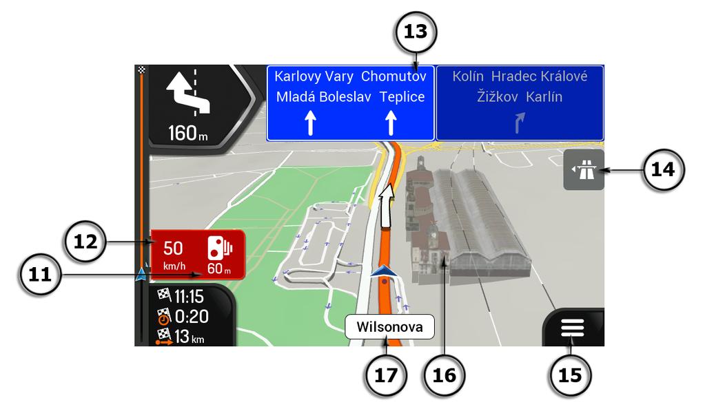 Vista di navigazione La vista di navigazione è la schermata principale di Z-EMAP50 nella quale viene visualizzato il percorso pianificato su una mappa.