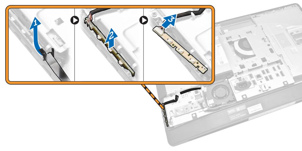 3. Effettuare le seguenti operazioni come illustrato nella figura: a. Rimuovere il nastro che fissa la scheda di alimentazione e la scheda pulsanti OSD al computer [1]. b.