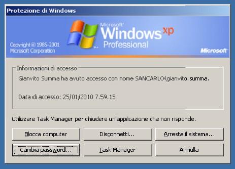 Dominio di un computer Qualora volessimo cambiare la password Premiamo CTRL-ALT-CANC sul desktop Ci appare la schermata con sei