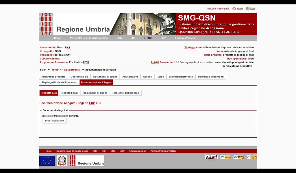 Pag. 33 di 38 Cliccando sul TAB Documentazione allegata l utente può visualizzare gli allegati riguardanti il progetto. Fig23.: Rendicontazione Gestione documentazione allegata.