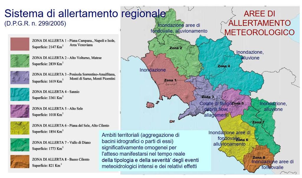 Le zone di allerta di interesse per la Regione Campania sono 8, Il Comune di Sarno rientra nella Zona di