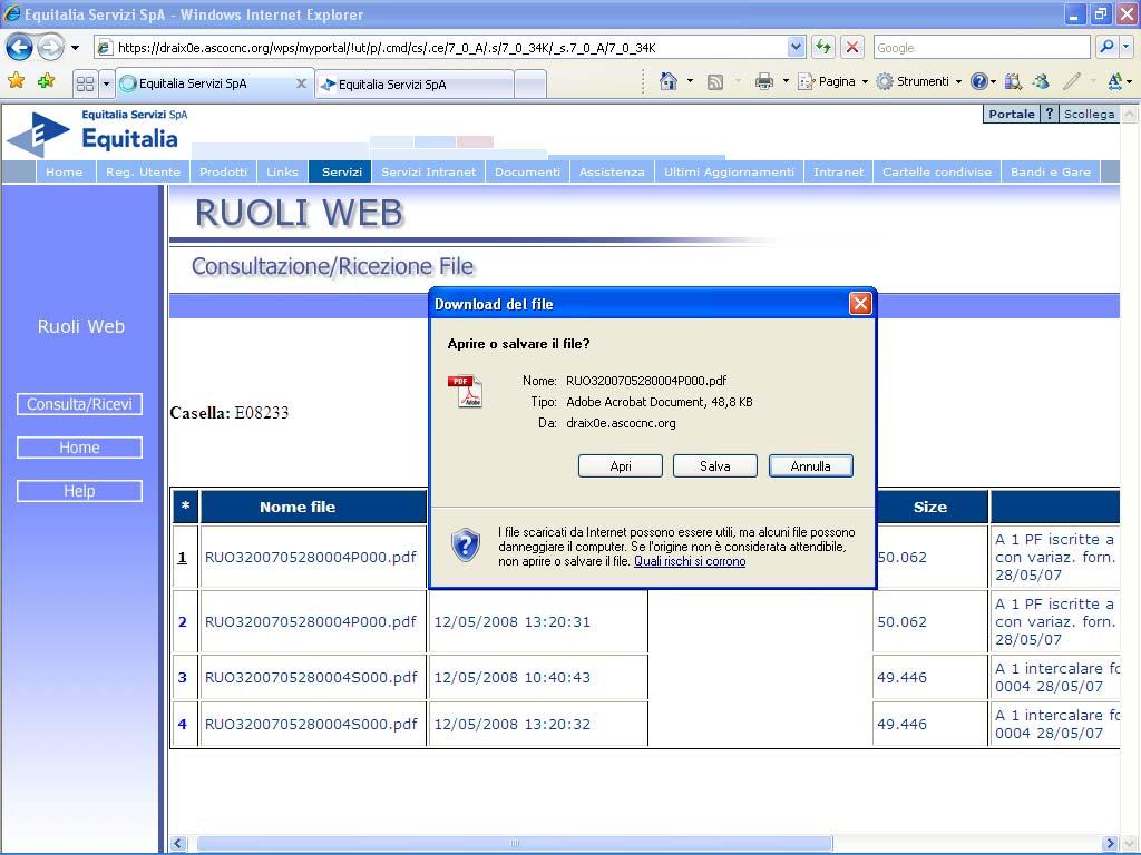 Selezionando il numero associato al file che si vuole scaricare si ha la seguente pagina