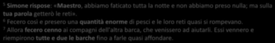 5 Simone rispose: «Maestro, abbiamo faticato tutta la notte e non abbiamo preso nulla; ma sulla tua parola getterò le reti».