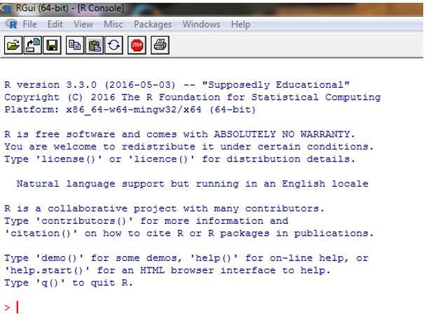 Fig.2 La schermata iniziale per un PC di R (senza aver installato RStudio) Traduzione della schermata: R è un software gratuito e si trova senza alcuna autorizzazione Siete invitati a ridistribuirlo