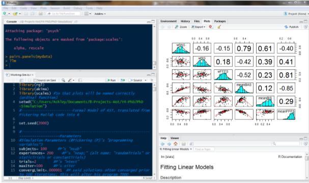 Fig.3 Una schermata di RStudio come appare su un pc. Le 4 finestre sono per i vostri script, la console del programma, i grafici e le finestre di aiuto.