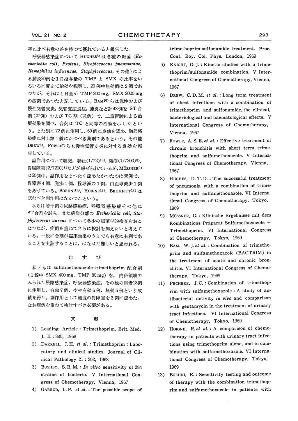 VOL. 21 NO. 2 CHEMOTHETAPY 293 1) Leading Article : Trimethoprim. Brit. Med. J. II : 380, 1968 2) DARRELL, J. H. et al. : Trimethoprim : Laboratory and clinical studies.