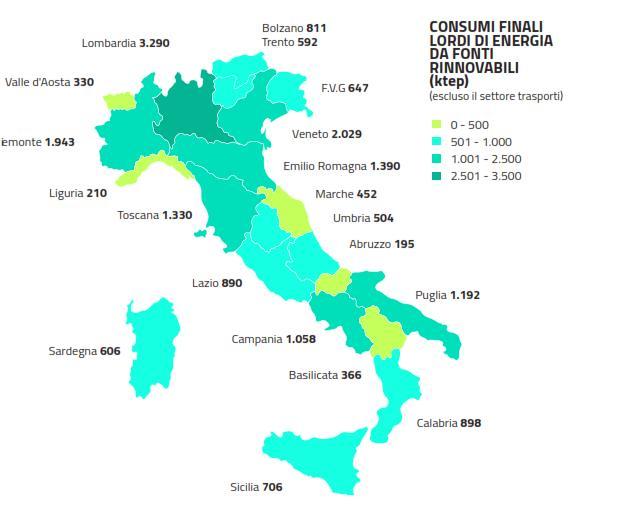 Domanda di energia da fonte rinnovabile A livello regionale vediamo che quasi tutte le regioni e le province autonome registrano una quota dei consumi finali lordi di energia