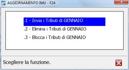 A fondo pagina è presente il bottone F4=Aggiorna importi su F24 con le apposite scelte di Invio, Elimina e Blocco dei tributi in F24, riferite alla sola scadenza di Gennaio 2015.