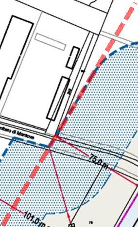 Fig. 6. ATTO DI MODIFICA DELLA FASCIA DI RISPETTO (estratto Tav.3) Con tratteggio blu e campitura azzurra è riportata la fascia di rispetto promossa dal presente Atto.