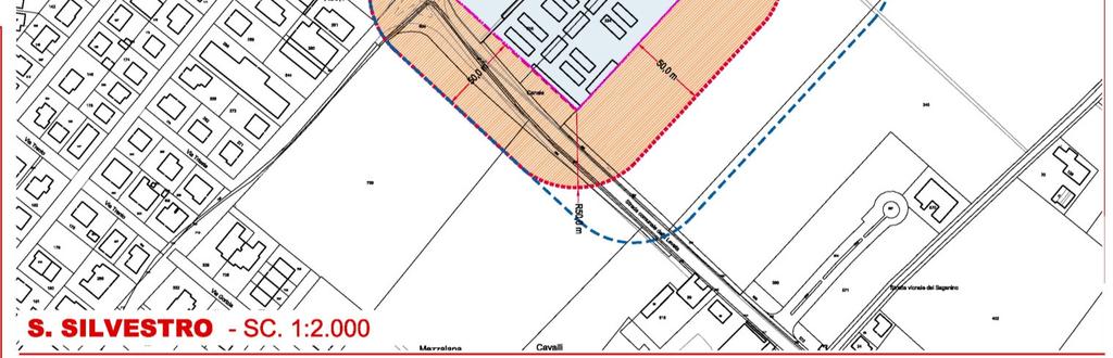 posto a nord ovest. CAMPOSANTO DI S. SILVESTRO Fig. 3. FASCIA DI RISPETTO VIGENTE Con tratteggio bordeaux e campitura arancione è riportata la fascia di rispetto previgente del presente Atto.