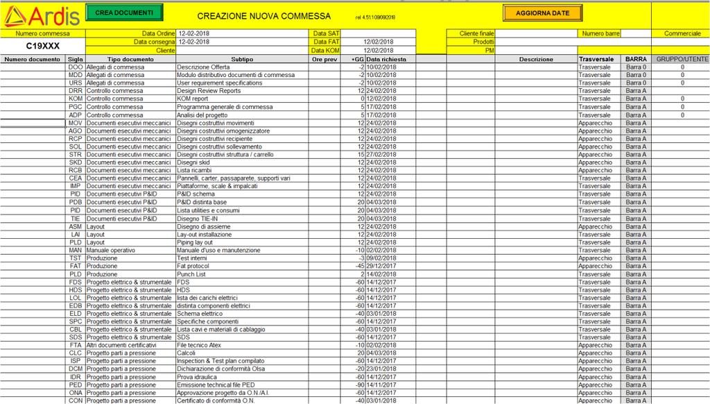 lista di documenti impostabile dal cliente Un modulo in Excel