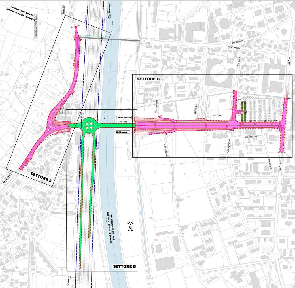 Contenuti del progetto e competenze realizzative Settore A: sistemazione via El Stradun Via Birreria nel comparto Monte Carasso e nuovo impianto semaforico; Settore B: allacciamento autostrada A2 da