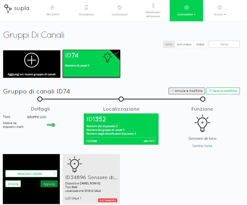 Cliccando l icona aggiungi un nuovo canale al gruppo, è possibile aggiungere tutti i dispositivi luce che si vogliono associare al gruppo luci precedentemente creato.
