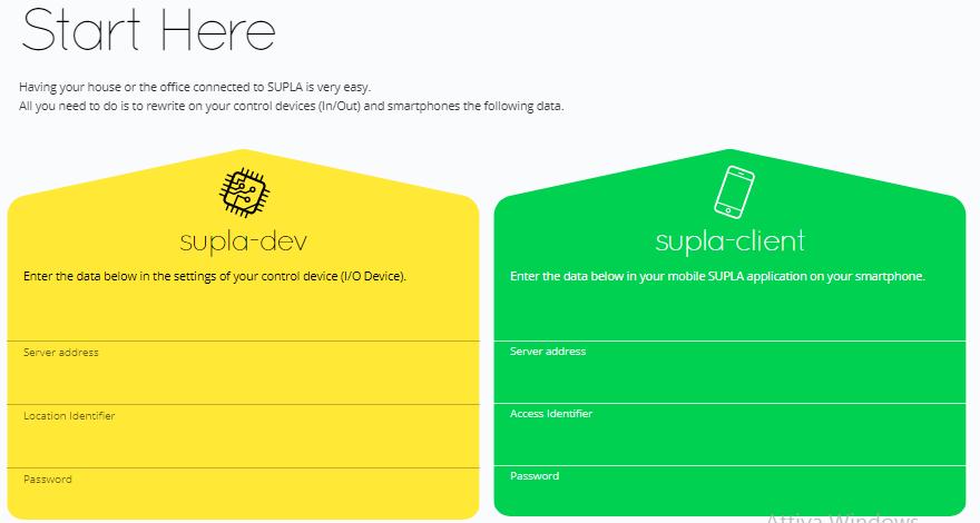 4) E-mail con i dati personali ricevuta da SUPLA Dopo aver inserito e-mail e password si aprirà la seguente immagine: a sinistra, nel riquadro giallo, sono riportati i dati per configurare i