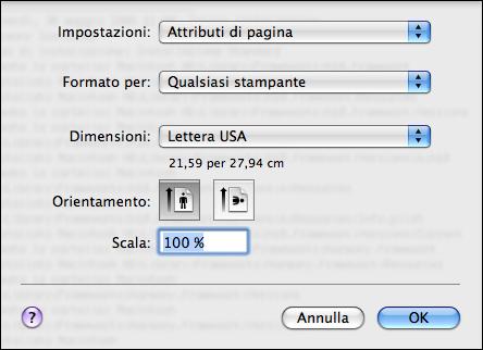 STAMPA DA MAC OS X 23 PER IMPOSTARE LE OPZIONI E STAMPARE DA MAC OS X 1 Aprire un file e selezionare Formato di stampa (o Imposta pagina) dal menu File (o Archivio) dell applicazione.