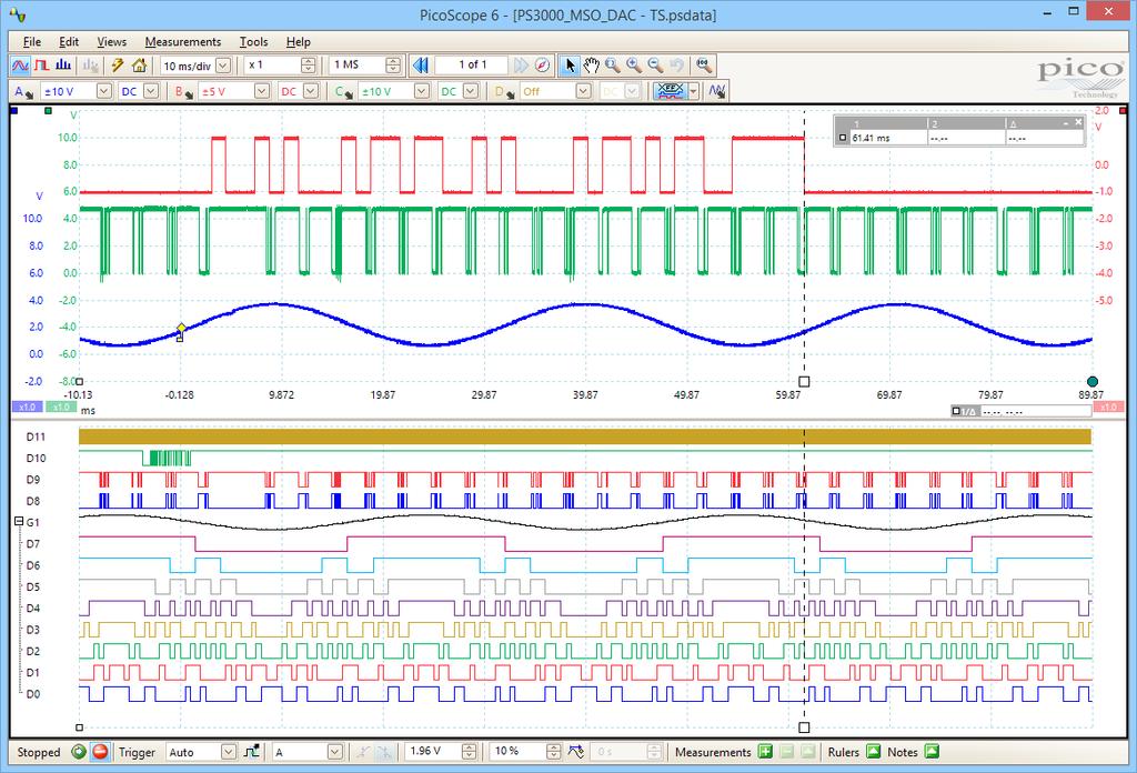 Software PicoScope 6 con segnali misti analogici e digitali La flessibilità dell interfaccia del software PicoScope 6 permette una visualizzazione in alta risoluzione di un massimo di 16 segnali