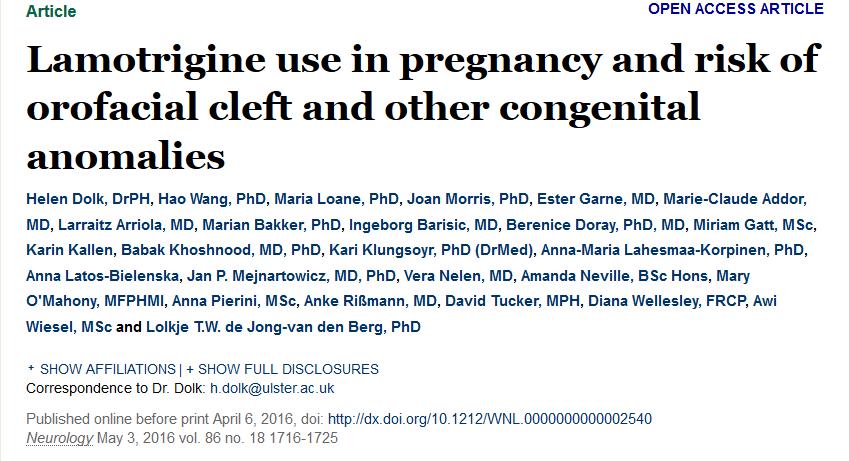 Rapporto 2016 Dati 2014 Abstract Objective: To test previous signals of a risk of orofacial cleft (OC) and clubfoot with exposure to the antiepileptic lamotrigine, and to investigate risk of other