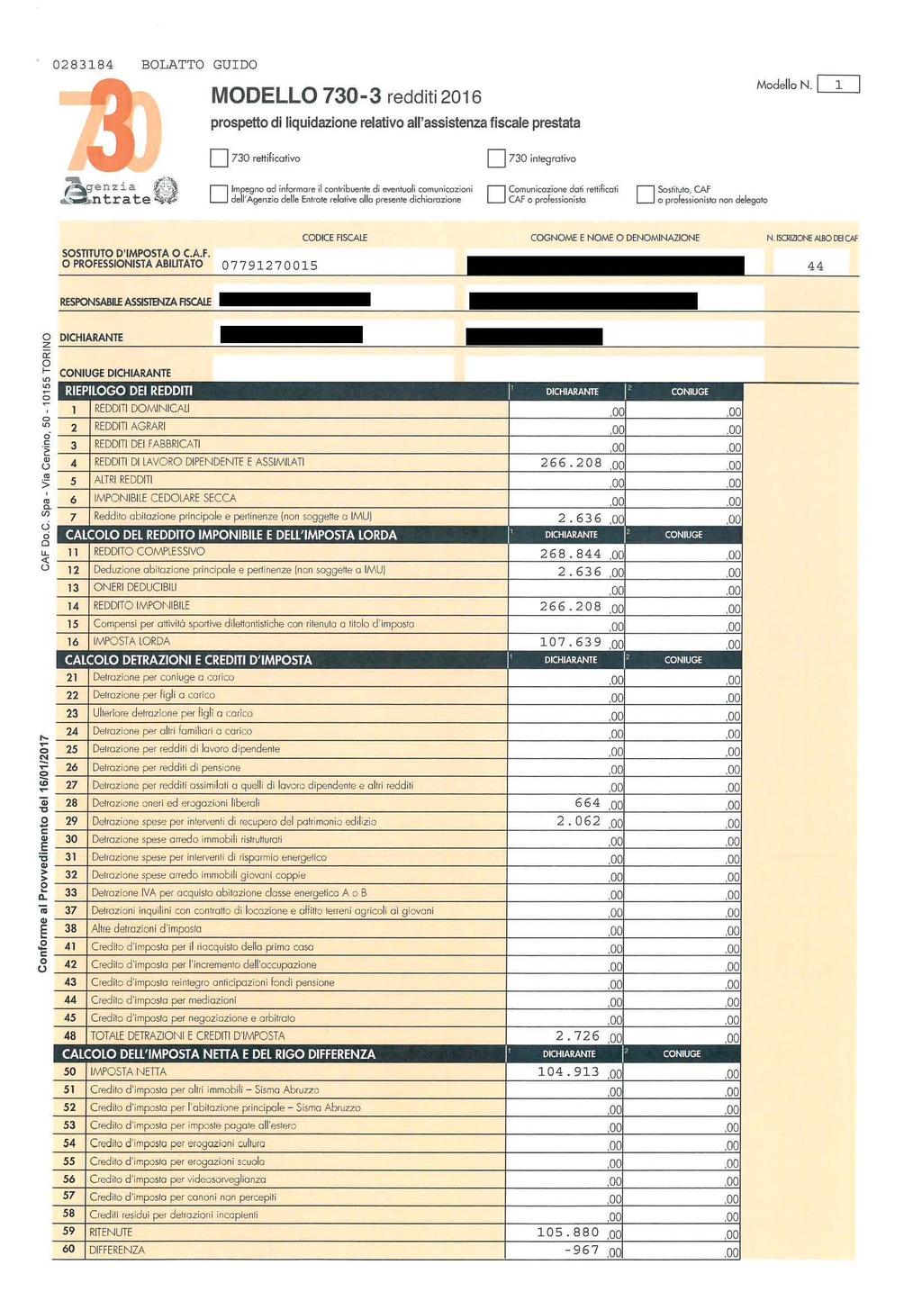 0884 BOLATTO GUO MOELLO 70- redditi 06 prspett di liquidazie relativ allassisteza fiscale prestata MdellN.