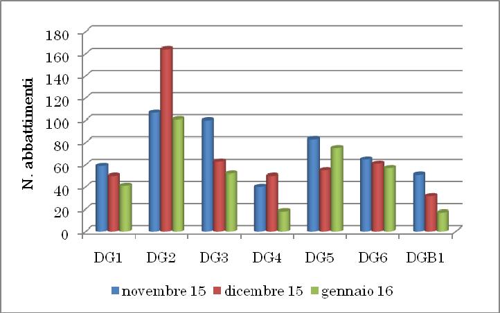Fig. 7 Distribuzione temporale degli abbattimenti effettuati in braccata nella S.V. 2015/16.