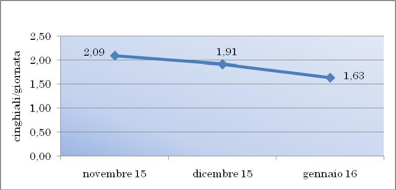 Nel complesso, l andamento dello sforzo di caccia mostra la conferma della graduale diminuzione da novembre a gennaio per l intero ATC, con valori leggermente superiori nei mesi di novembre e